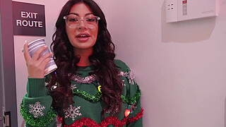 My slutty coworker sucked my cock at the office Christmas party - Cami Strella Porn Video