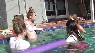 A guy gets lucky in the pool with his four naked friends around him Porn Video