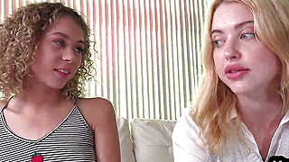 Tiny teen learning dirty talking POV HJ by her BFF in 3some Porn Video