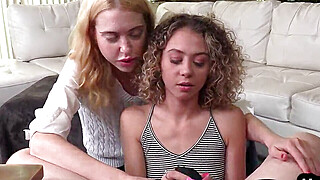 Tiny teen learning dirty talking POV HJ by her BFF in 3some Porn Video
