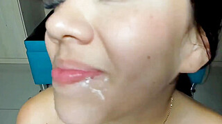 Latina teen Skinny Doll takes two big loads in her mouth and... swallows them... Porn Video