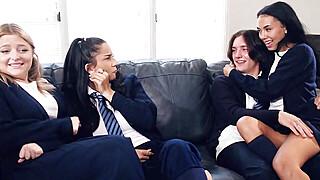 Inexperienced besties sharing dick in foursome Porn Video