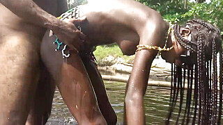Skinny zulu hottie with perfect tits getting fucked while bathing in the river Porn Video
