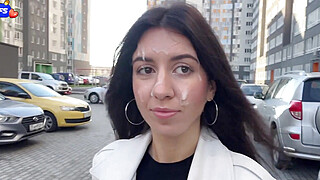 Wife Cheats her Husband in the Entrance and walks on Public with Cum on Face... Porn Video