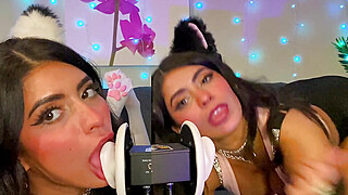 ASMR TWO Cats Flirt and Lick Your Ears with Eye Contact layered sounds -... Porn Video