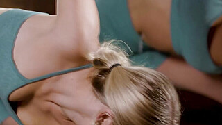 Busty blondes scissoring during Yoga Porn Video
