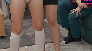 Step mom Teaches Sex and Shares Cum with Step daughter in Bed with New Step dad Porn Video