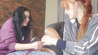 Two shy girls playing with my massive cock Porn Video