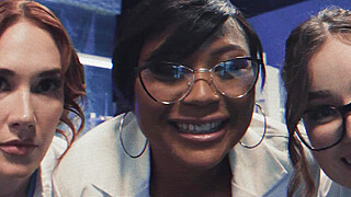 Three shemale sexdolls fuck a scientist Porn Video
