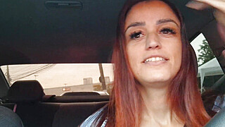 Slutty delivery driver catches gifted passenger masturbating from behind! Porn Video