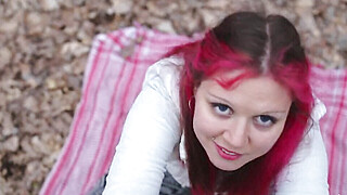 Fast blowjob and footjob in the spring forest with pinkhair girl Porn Video