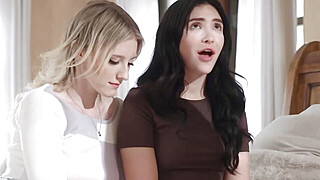 Blondes tag teaming spicy brunette in a wild scissoring Porn Video