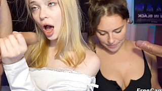 Two Slutty Babes Sucking Cock Side by Side Porn Video