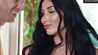 Glamorous braless model with lengthy ebony hair poses in a brown micro-skirt... Porn Video