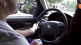 Busty lady in orange tank top fondles her chest inwards a car Porn Video