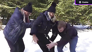 Blonde lady in a ebony beanie showcases her large Porn Video