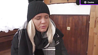 Blonde lady in a ebony beanie showcases her large Big Boobs Porn Video