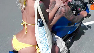 Busty ash-blonde in a lil' bikini gets picked up for public romp on the beach Big Boobs Porn Video