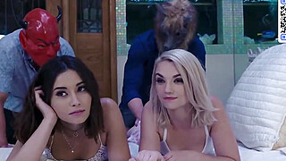 Adults in masks walk through a garden Porn Video