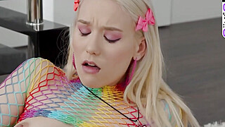 Blonde honey in rainbow fishnets achieves a strong erotic orgasm solo with... Big Boobs Porn Video
