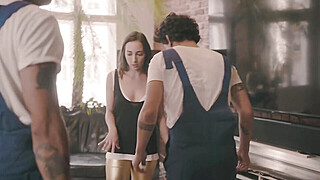 HARDWERK Sexy petite brunette Ana B fucks two repair men Porn Video