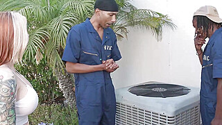Sweaty Big Tittied Bitch Tag Teamed By MONSTER Cocked Repairmen Porn Video